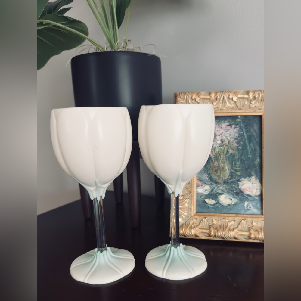 Newman Ceramic Works PAIR Wine Glass Tulip Shaped Iridescent Stem Artist Signed